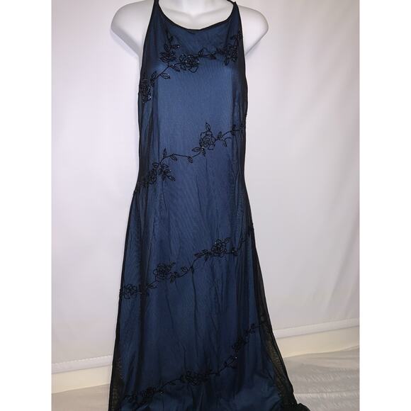 Vintage Reggio Prom Dress Maxi Gown 12 Blue Black Goth 90s Y2K Floral Mesh Bead - Picture 2 of 9